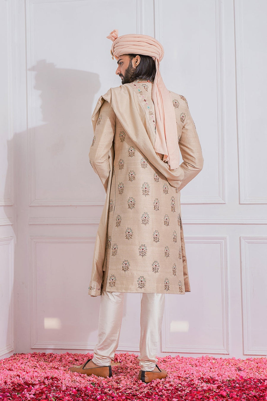 Beige Gold Raw Silk Sherwani Set for Groom | Lahore by AVK