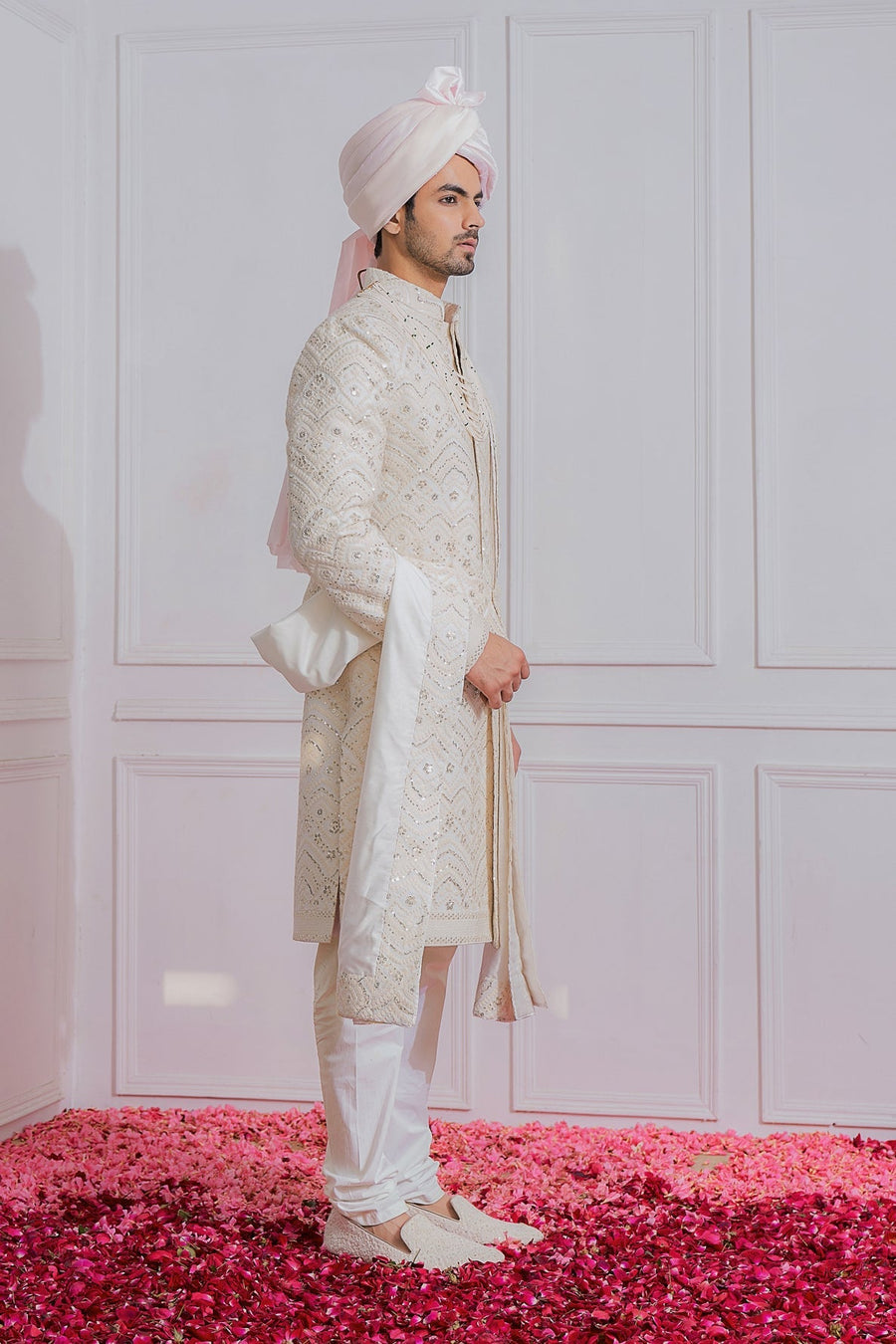 Off-White Embroidered Sherwani Set for Groom | Turbat by AVK