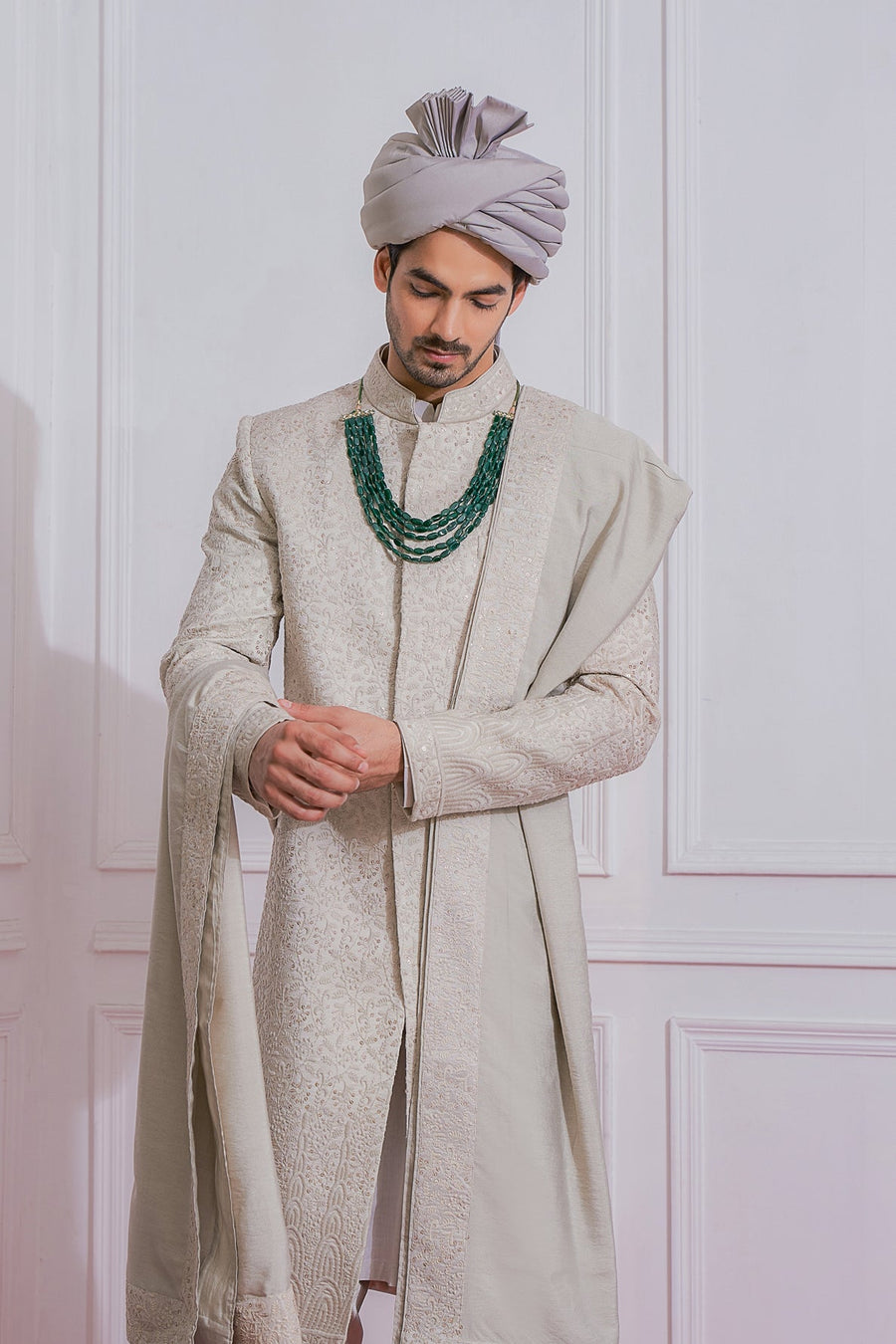 Steel Grey Embroidered Sherwani Set for Groom | Multan by AVK