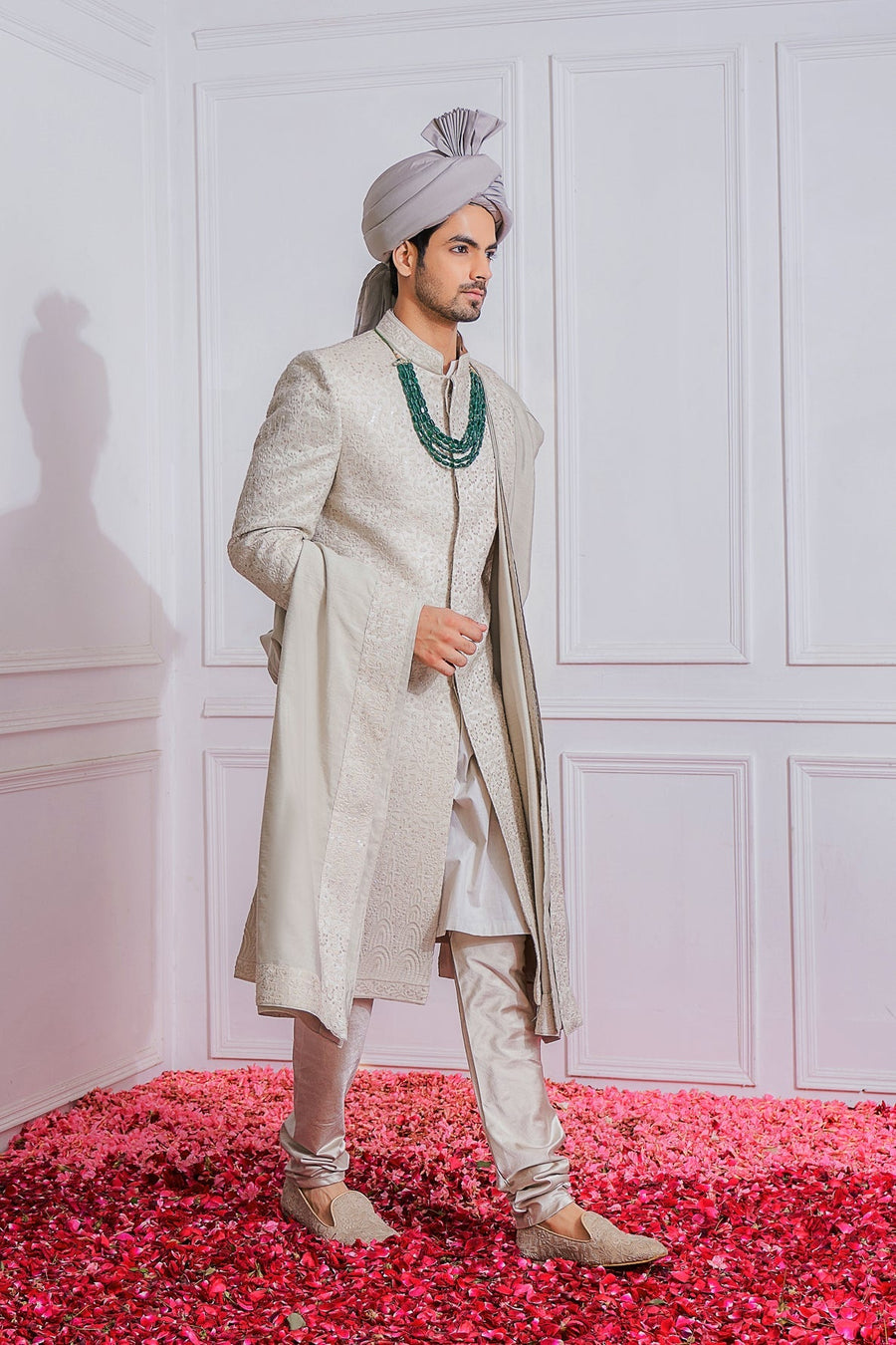 Steel Grey Embroidered Sherwani Set for Groom | Multan by AVK