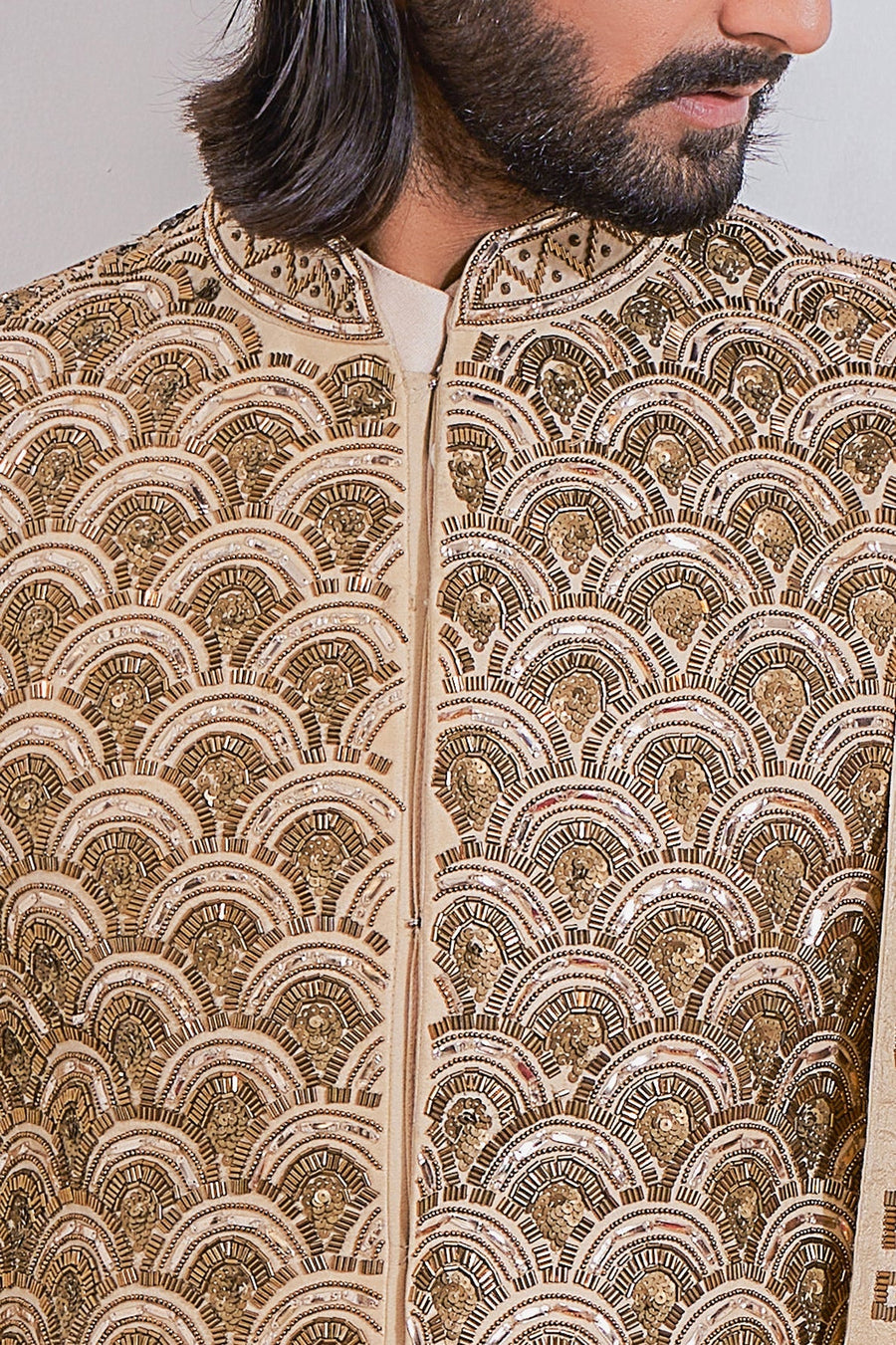 Gold Hand-Embroidered Couture Sherwani Set for Groom | Nawabshah by AVK