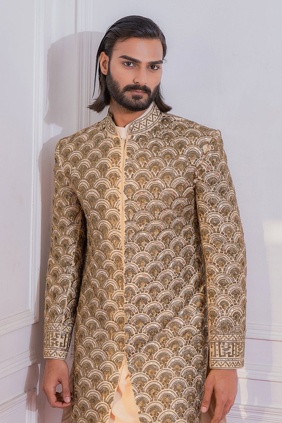 Gold Hand-Embroidered Couture Sherwani Set for Groom | Nawabshah by AVK
