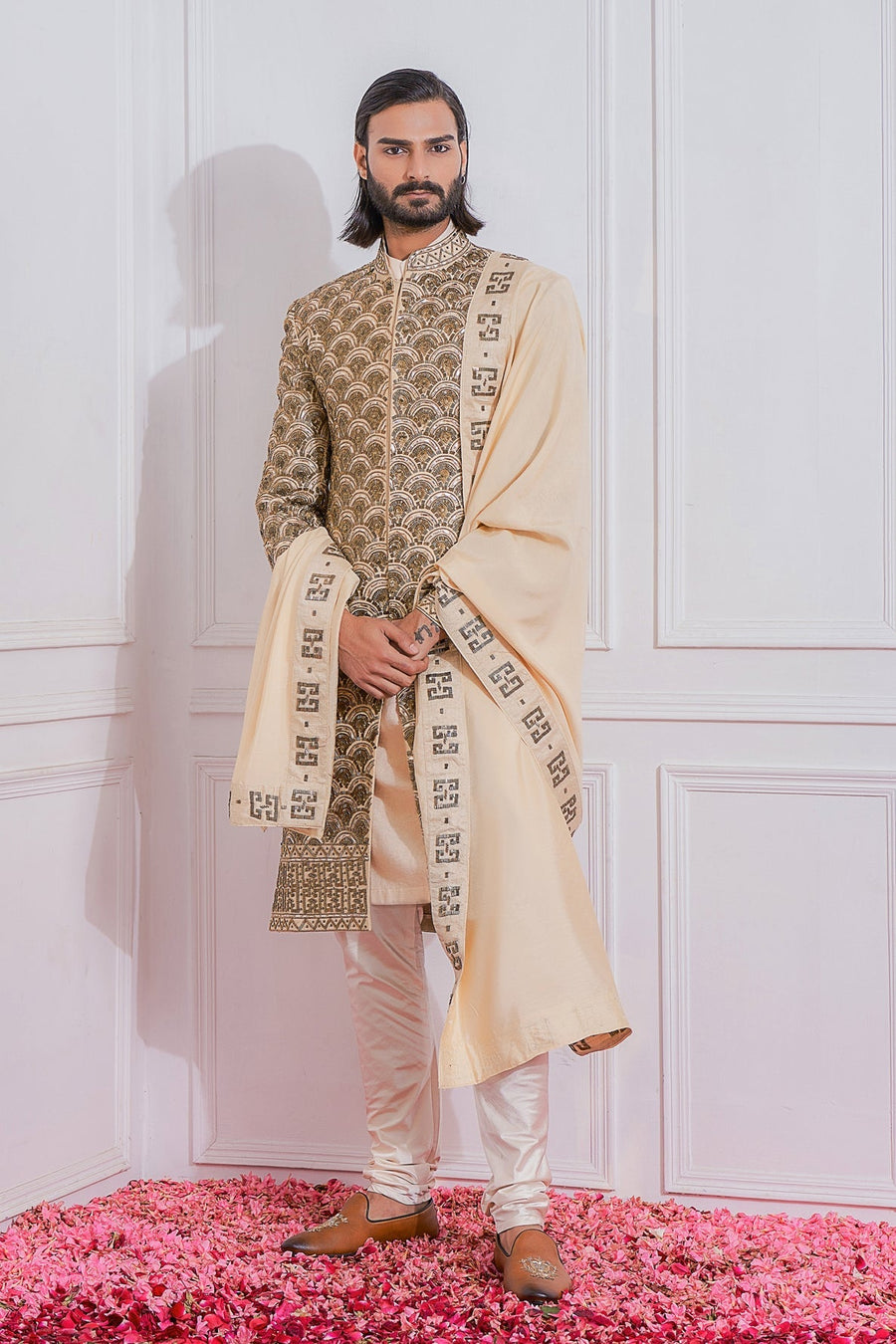 Gold Hand-Embroidered Couture Sherwani Set for Groom | Nawabshah by AVK