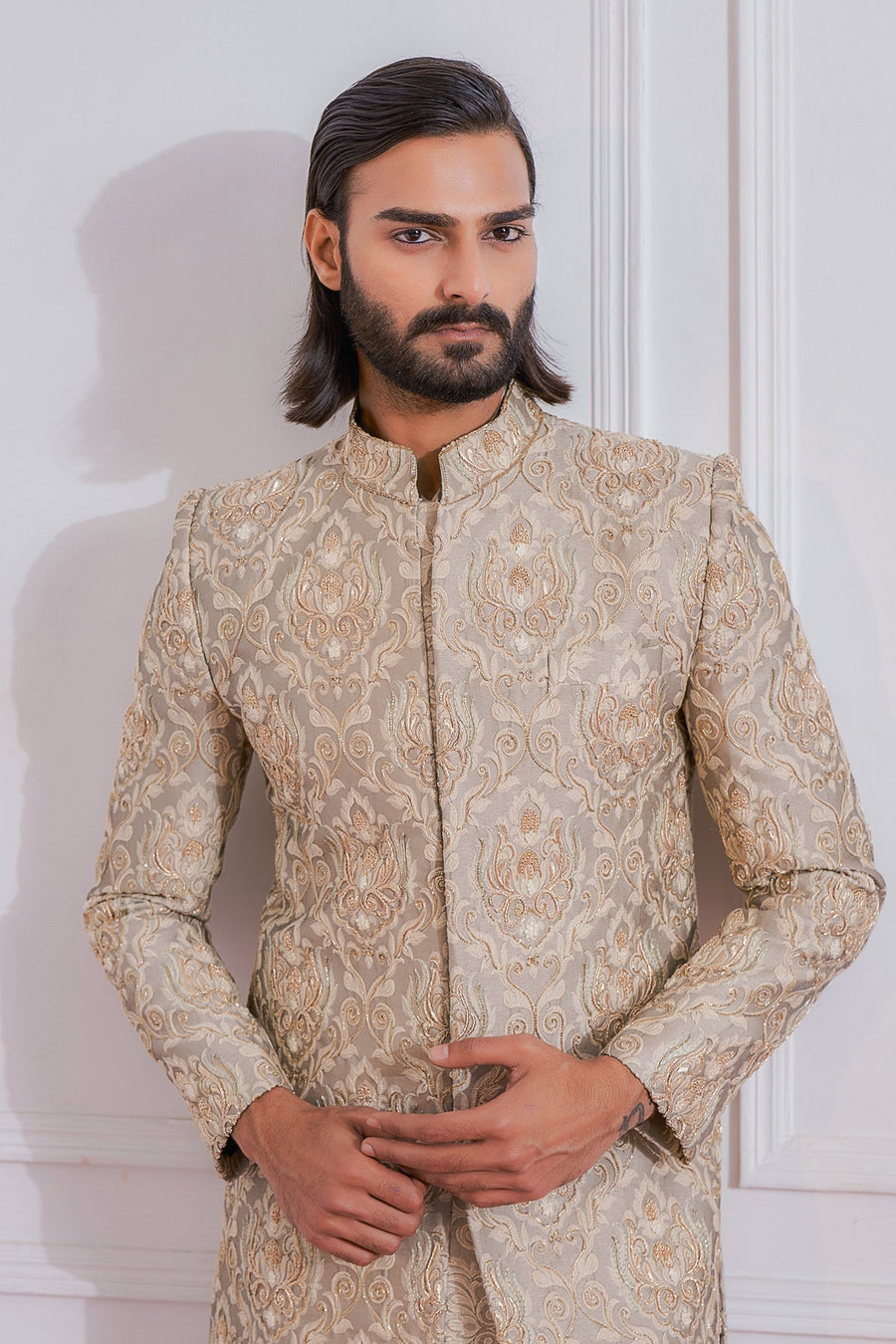 Grey Jacquard Embroidered Sherwani Set for Groom | Sukkur by AVK