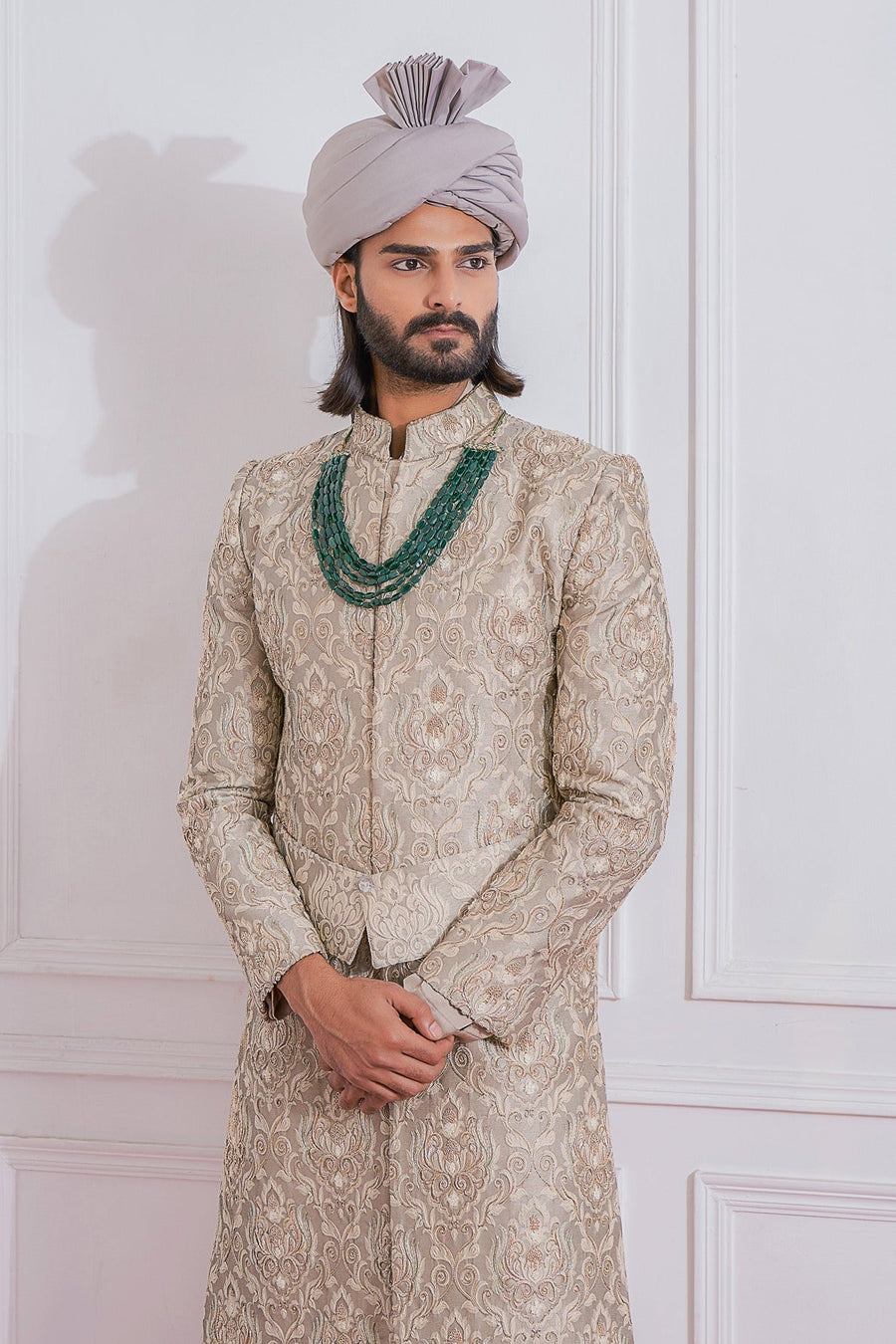 Grey Jacquard Embroidered Sherwani Set for Groom | Sukkur by AVK