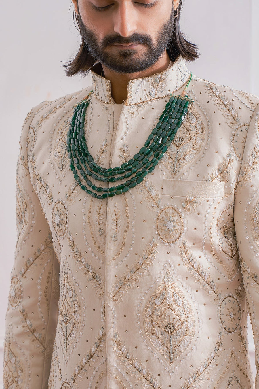 Champagne Jacquard Sherwani Set for Groom | Khanpur by AVK