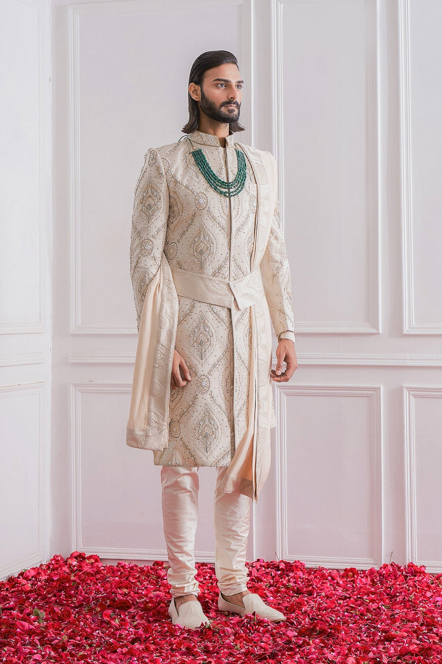 Champagne Jacquard Sherwani Set for Groom | Khanpur by AVK
