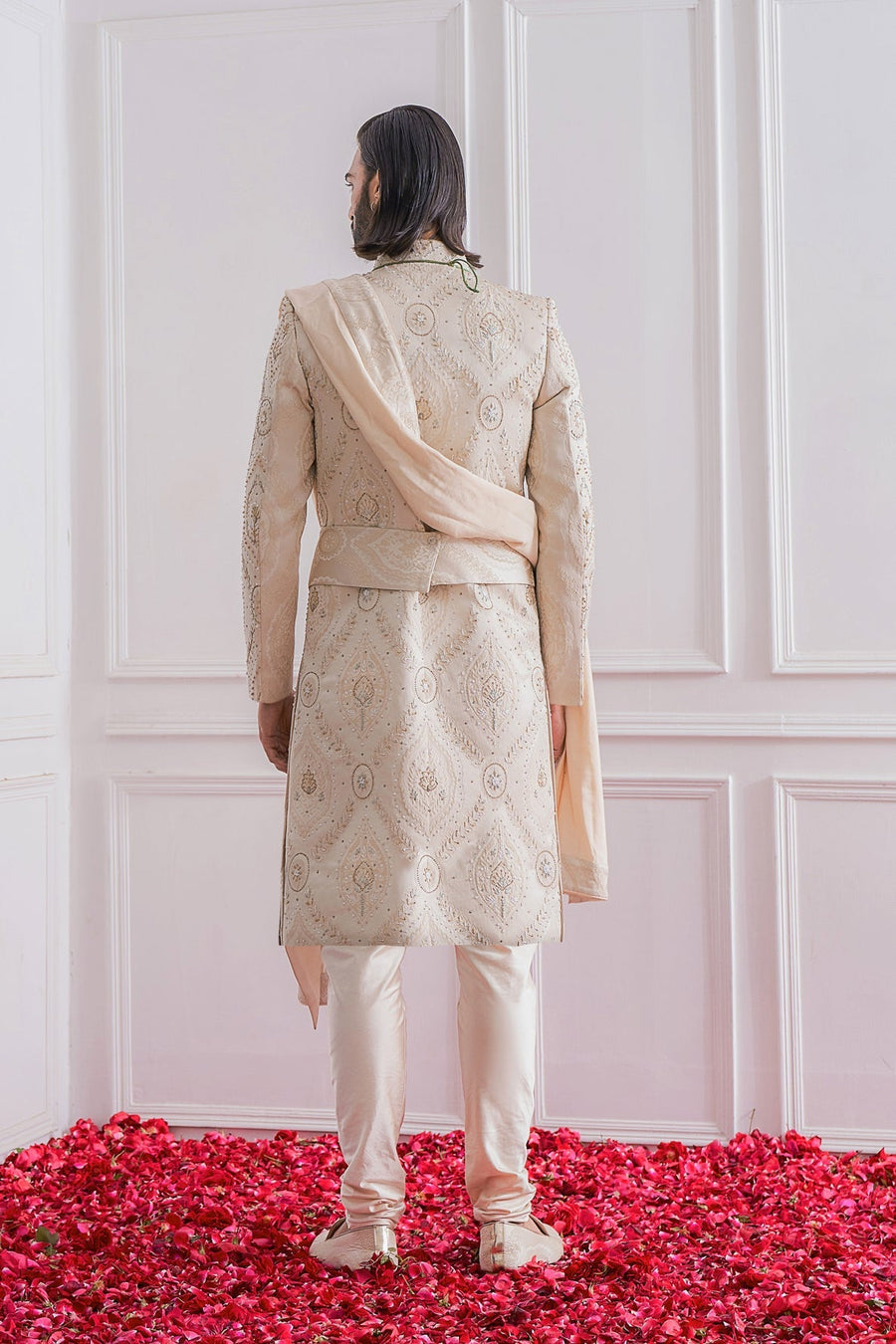 Champagne Jacquard Sherwani Set for Groom | Khanpur by AVK