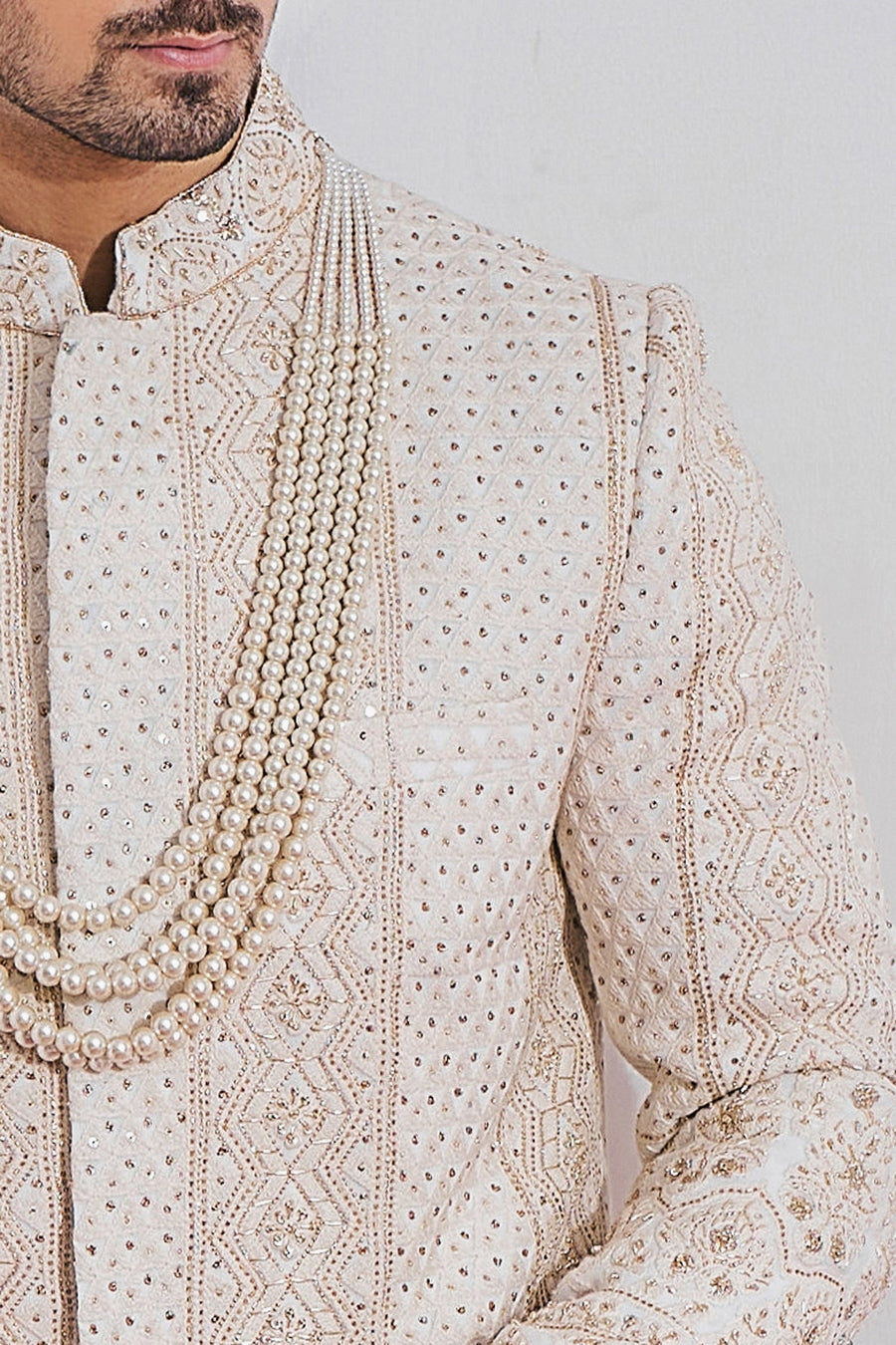 Champagne Jacquard Embroidered Sherwani Set for Wedding | Sadiqabad by AVK