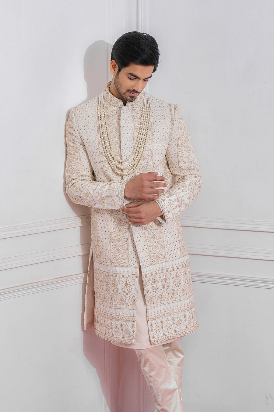 Champagne Jacquard Embroidered Sherwani Set for Wedding | Sadiqabad by AVK