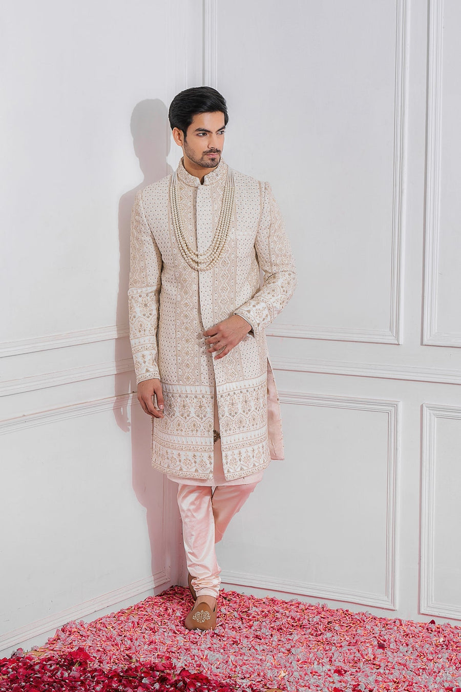 Champagne Jacquard Embroidered Sherwani Set for Wedding | Sadiqabad by AVK