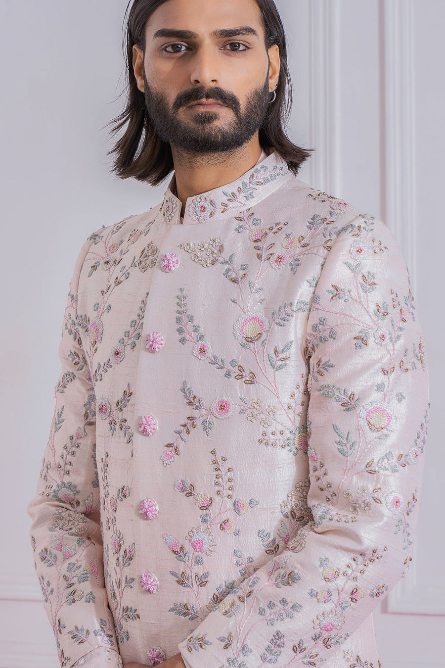 Powder Pink Raw Silk Sherwani Set for Groom | Karachi by AVK
