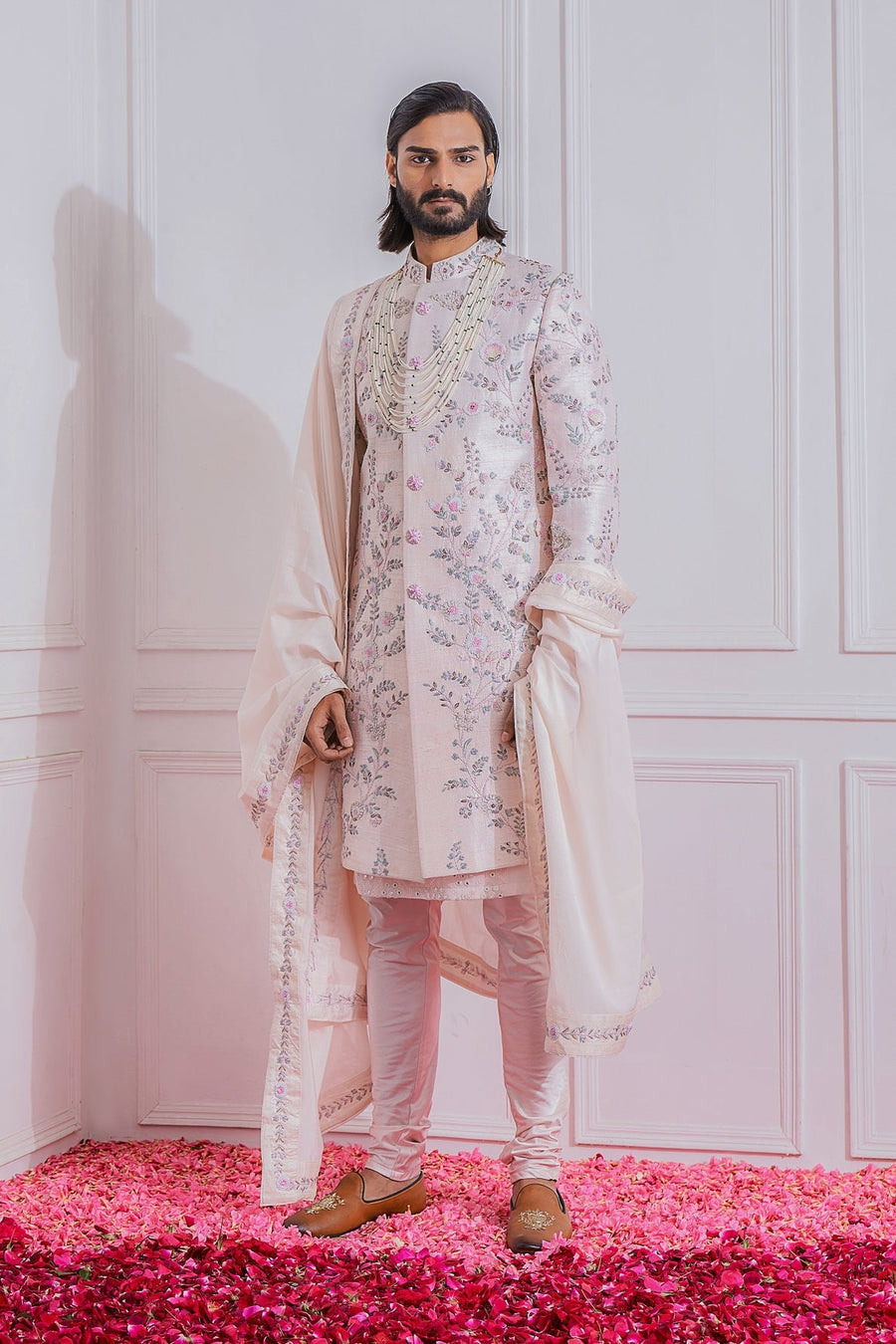 Powder Pink Raw Silk Sherwani Set for Groom | Karachi by AVK