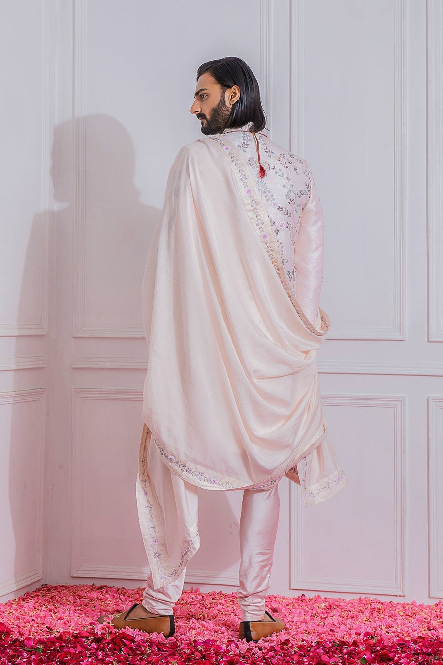 Powder Pink Raw Silk Sherwani Set for Groom | Karachi by AVK