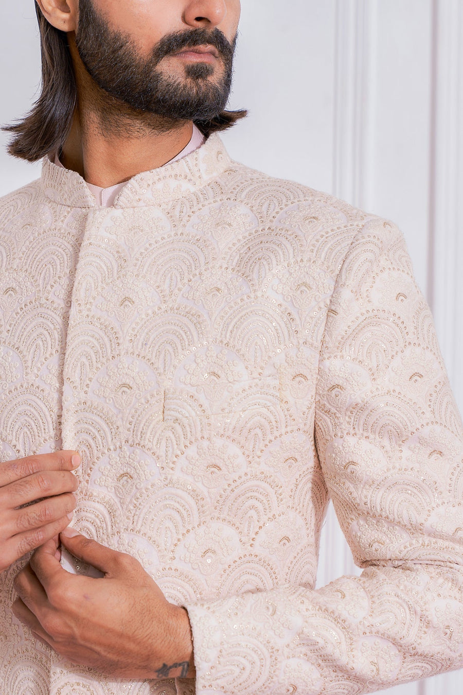 Dusty Pink Embroidered Sherwani Set for Groom | Jhelum by AVK
