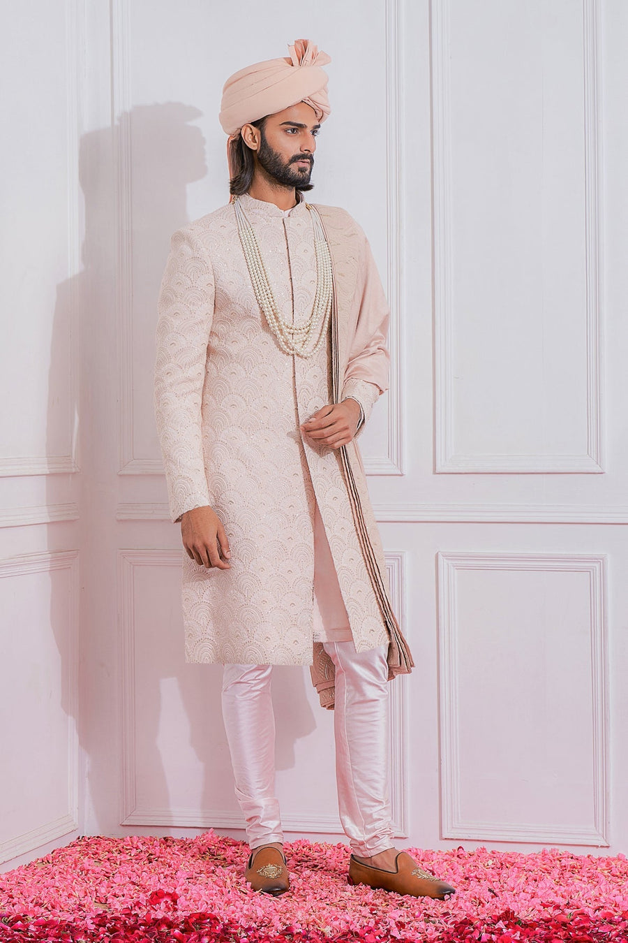 Dusty Pink Embroidered Sherwani Set for Groom | Jhelum by AVK