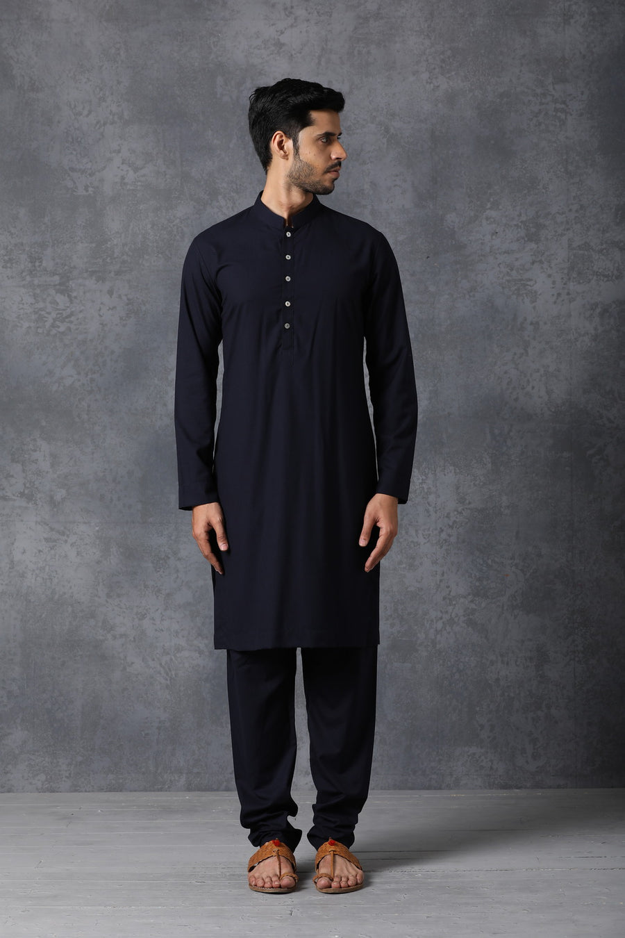 Navy Blue Plain Cotton Silk Kurta Set with Mother of Pearl Buttons | AVK Essentials