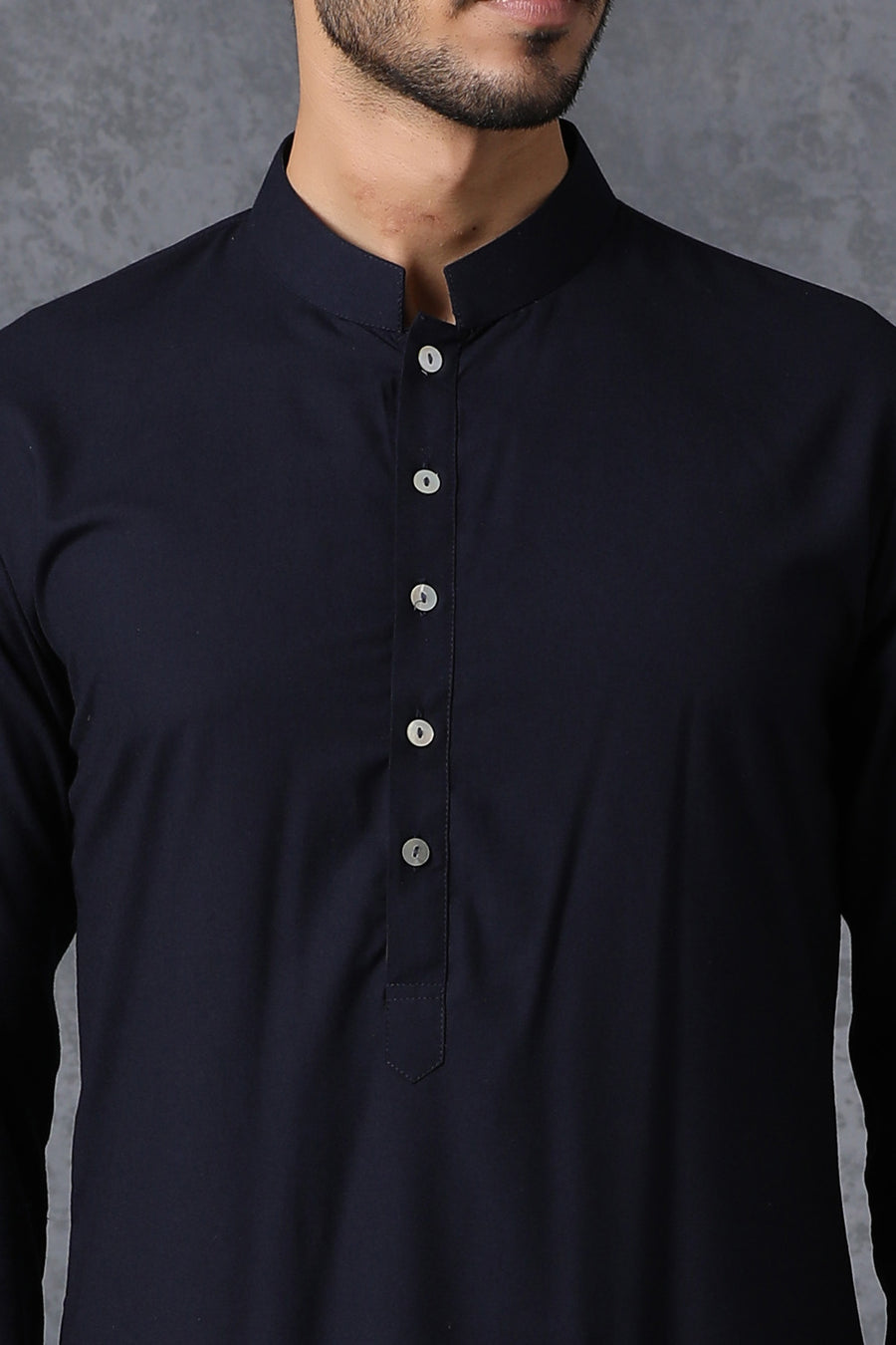 Navy Blue Plain Cotton Silk Kurta Set with Mother of Pearl Buttons | AVK Essentials