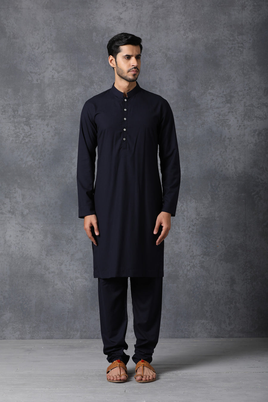 Navy Blue Plain Cotton Silk Kurta Set with Mother of Pearl Buttons | AVK Essentials