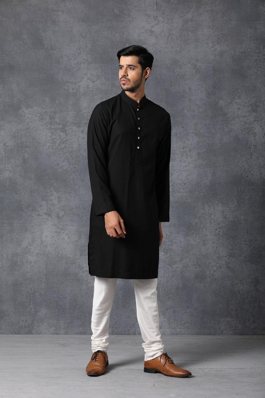 Classic Black Plain Cotton Kurta Set with Mother of Pearl Buttons | AVK Essentials