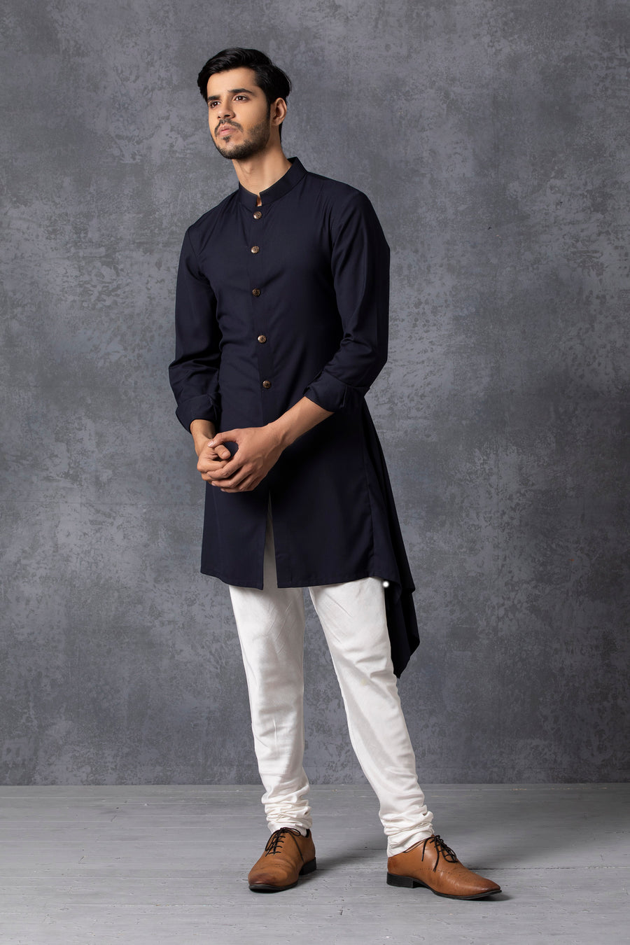 Navy Blue Bespoke Asymmetrical Kurta Set for Men | Khalid by AVK