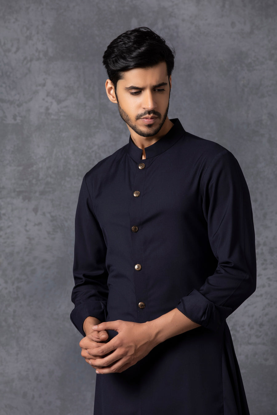 Navy Blue Bespoke Asymmetrical Kurta Set for Men | Khalid by AVK