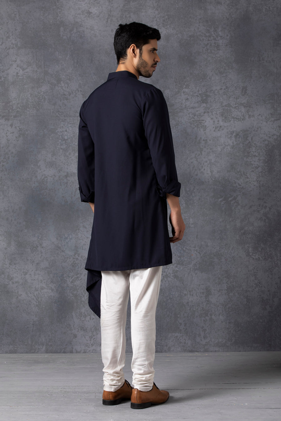 Navy Blue Bespoke Asymmetrical Kurta Set for Men | Khalid by AVK