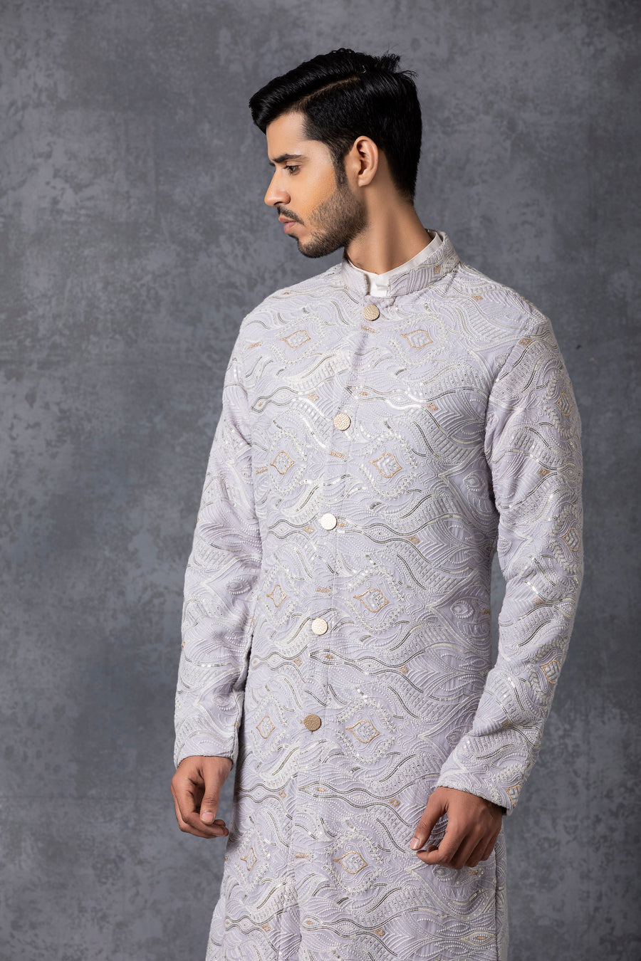 Ice Grey Front-Open Embroidered Kurta Set for Men | Davis by AVK
