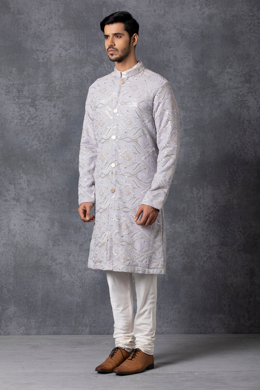 Ice Grey Front-Open Embroidered Kurta Set for Men | Davis by AVK