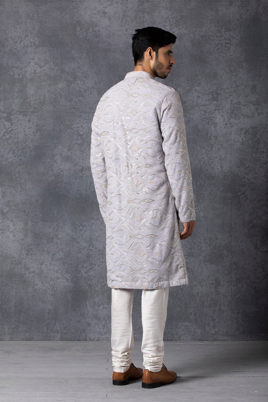 Ice Grey Front-Open Embroidered Kurta Set for Men | Davis by AVK