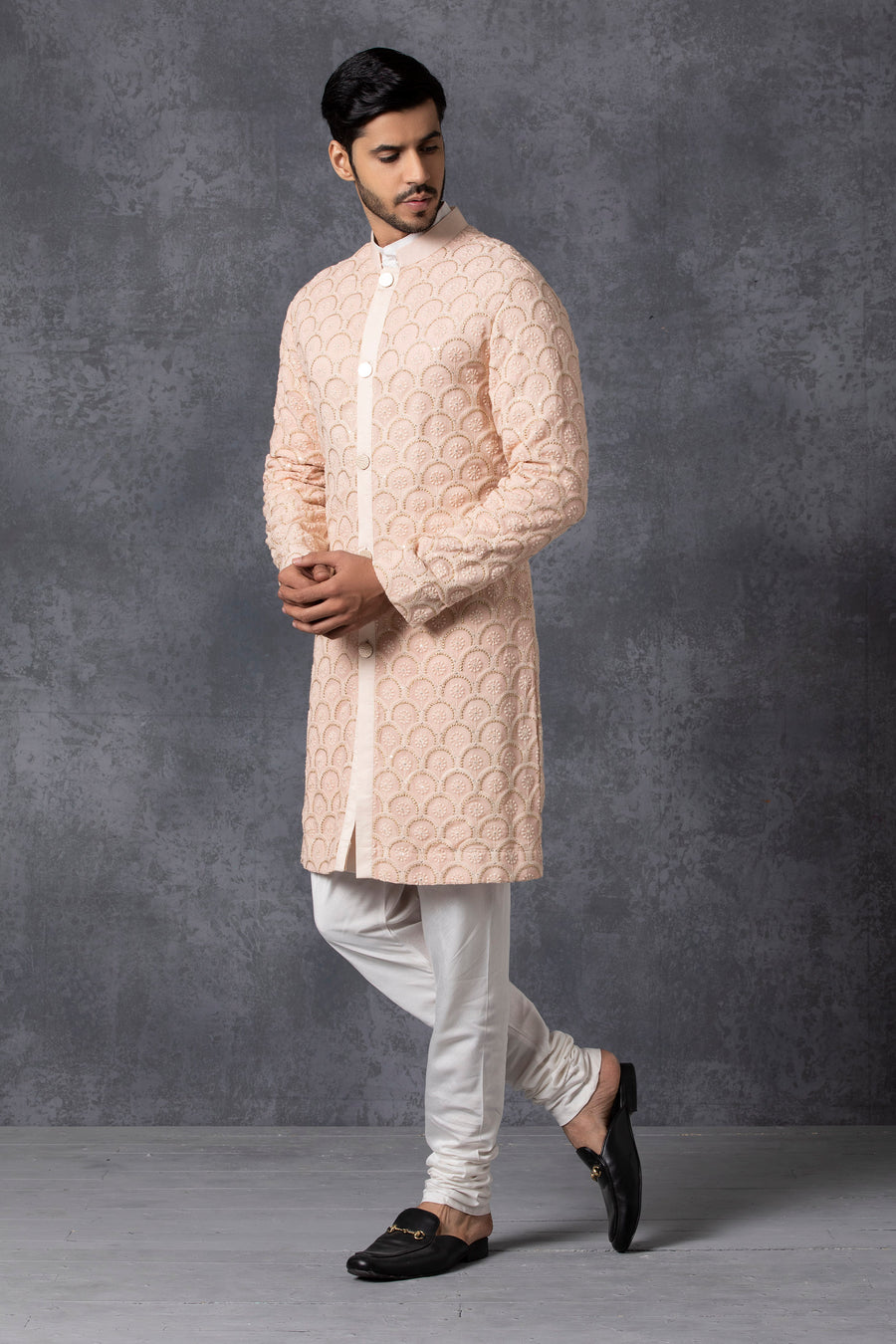 Dusty Rose Front-Open Embroidered Kurta Set for Men | Rashid by AVK