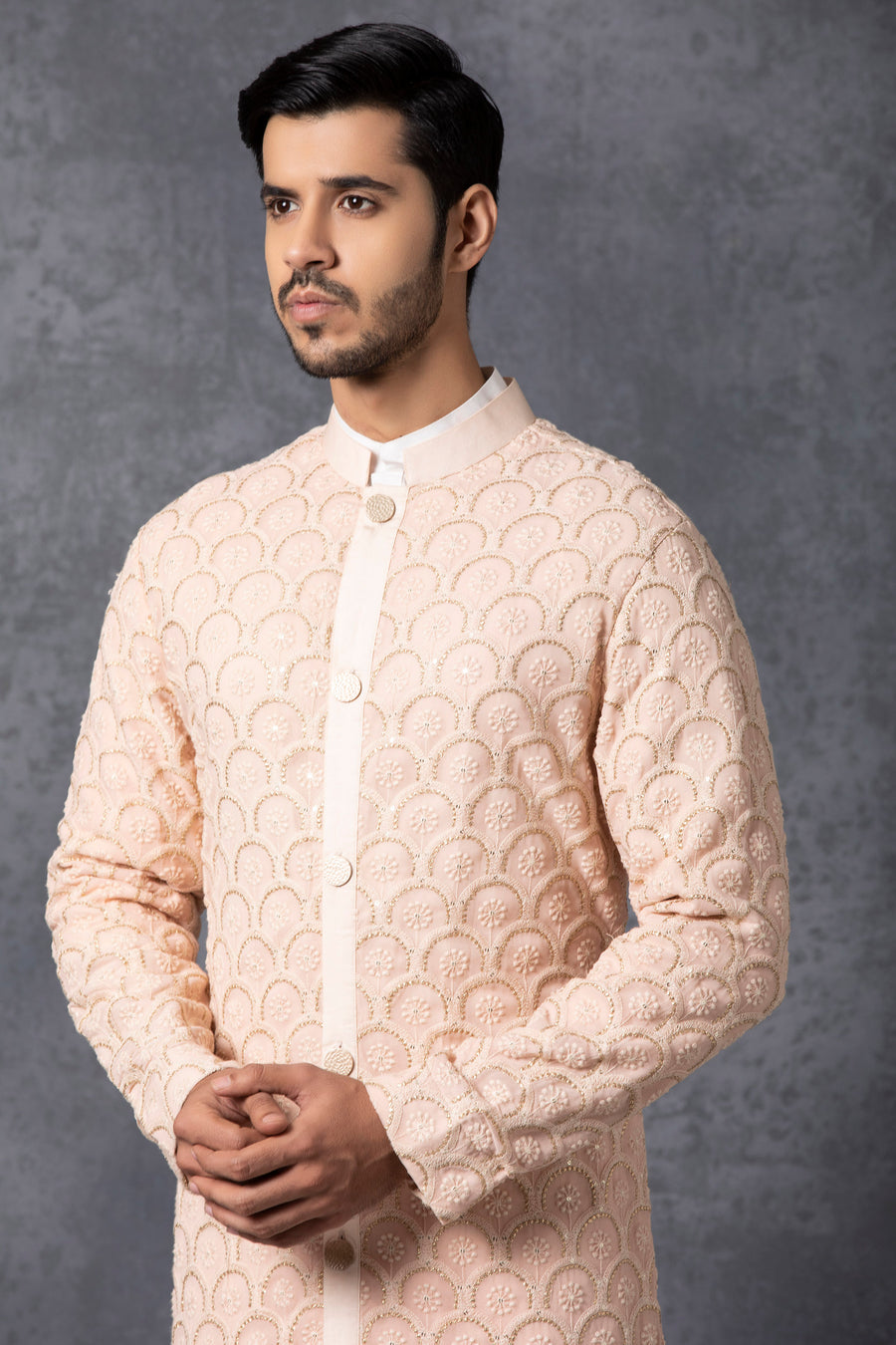 Dusty Rose Front-Open Embroidered Kurta Set for Men | Rashid by AVK