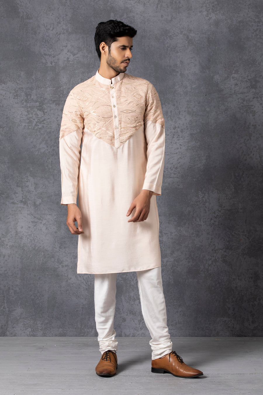 Dusty Rose Lucknowi Chikankari Chanderi Silk Kurta Set for Men | Gulberg by AVK