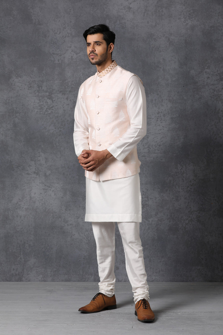 Peach Printed Nehru Jacket