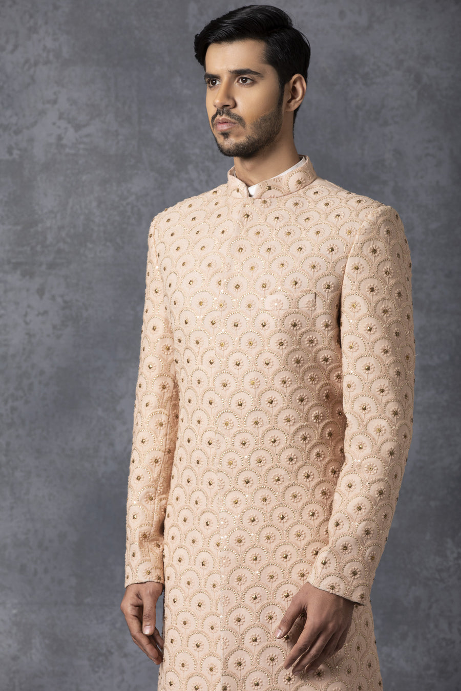 Dusty Rose Lucknowi Thread Embroidered Sherwani for Groom | Indo Set by AVK