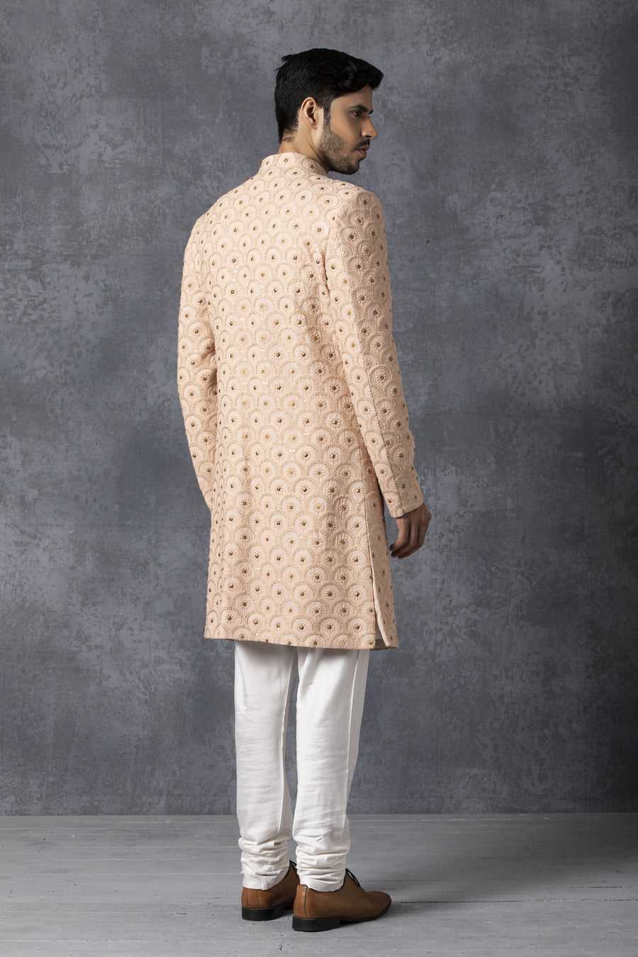 Dusty Rose Lucknowi Thread Embroidered Sherwani for Groom | Indo Set by AVK