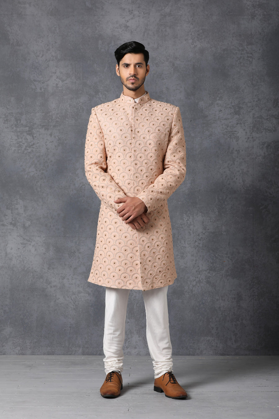 Dusty Rose Lucknowi Thread Embroidered Sherwani for Groom | Indo Set by AVK