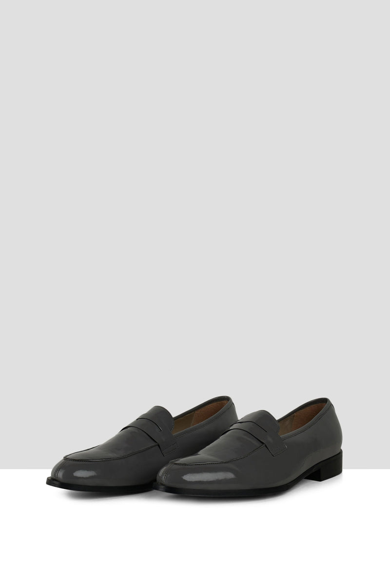 Grey Patent Leather Penny Loafers