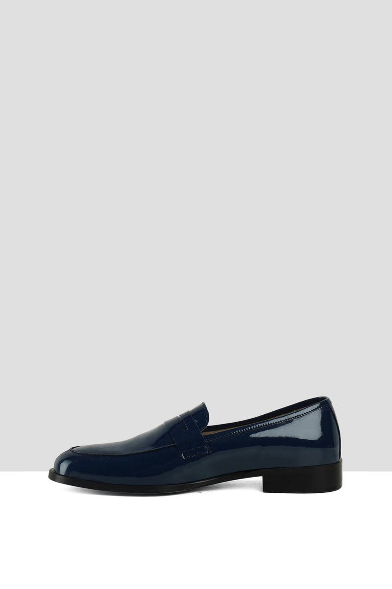 Navy Patent Leather Penny Loafers