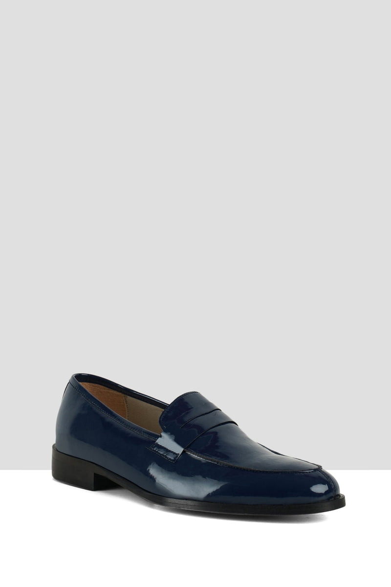 Navy Patent Leather Penny Loafers