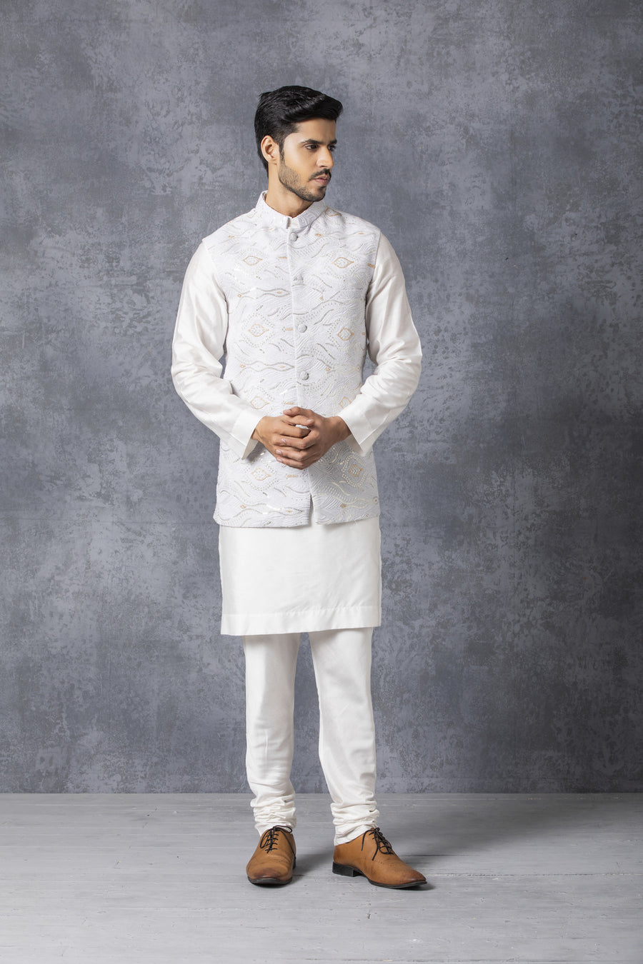 Ice Grey Lucknowi Sequence Embroidered Nehru Jacket | Bandi Edition II by AVK