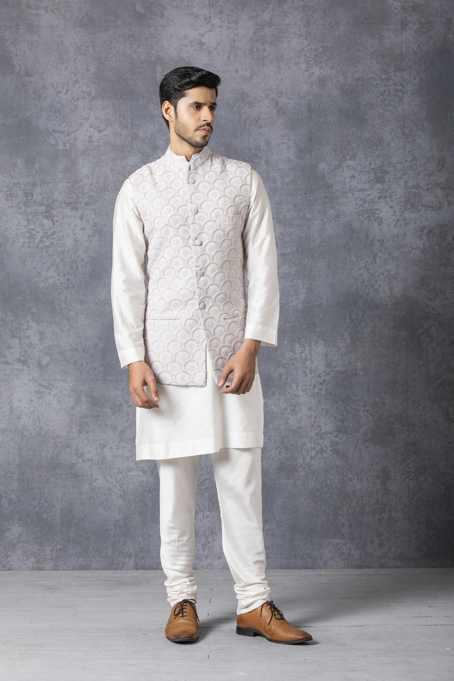 Ice Grey Lucknowi Embroidered Nehru Jacket | Classic Bandi by AVK