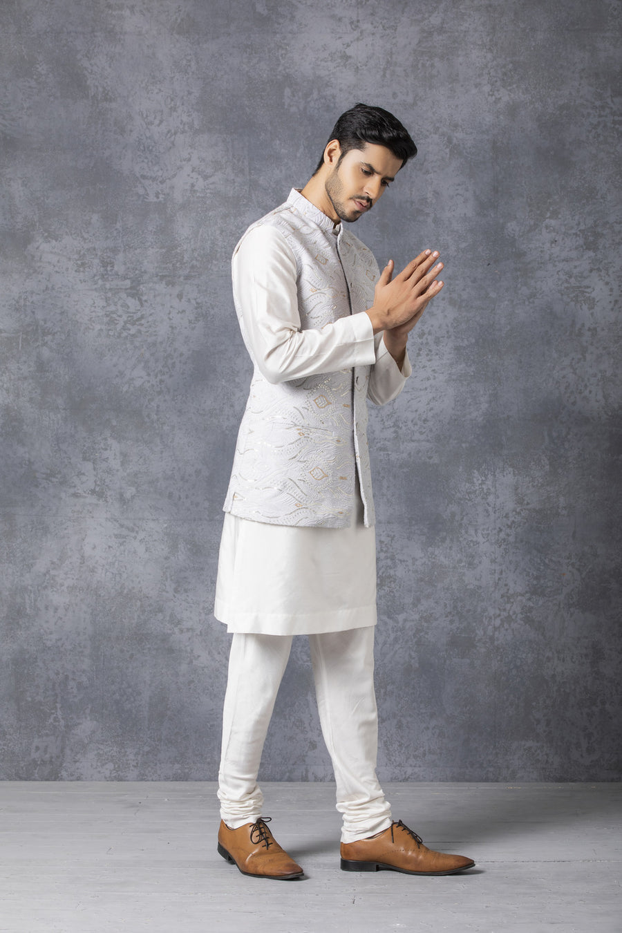 Ice Grey Lucknowi Sequence Embroidered Nehru Jacket | Bandi Edition II by AVK