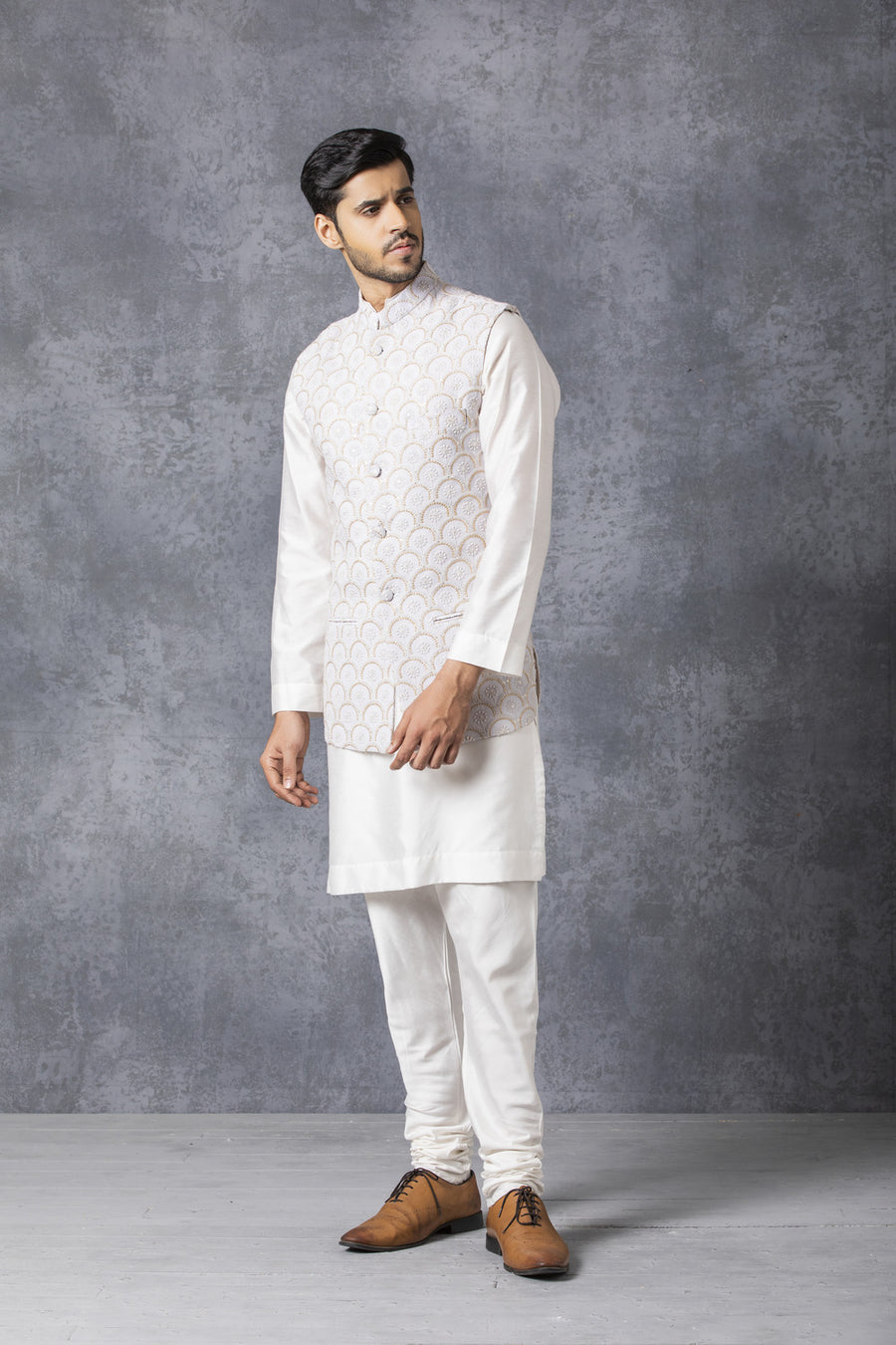 Ice Grey Lucknowi Embroidered Nehru Jacket | Classic Bandi by AVK