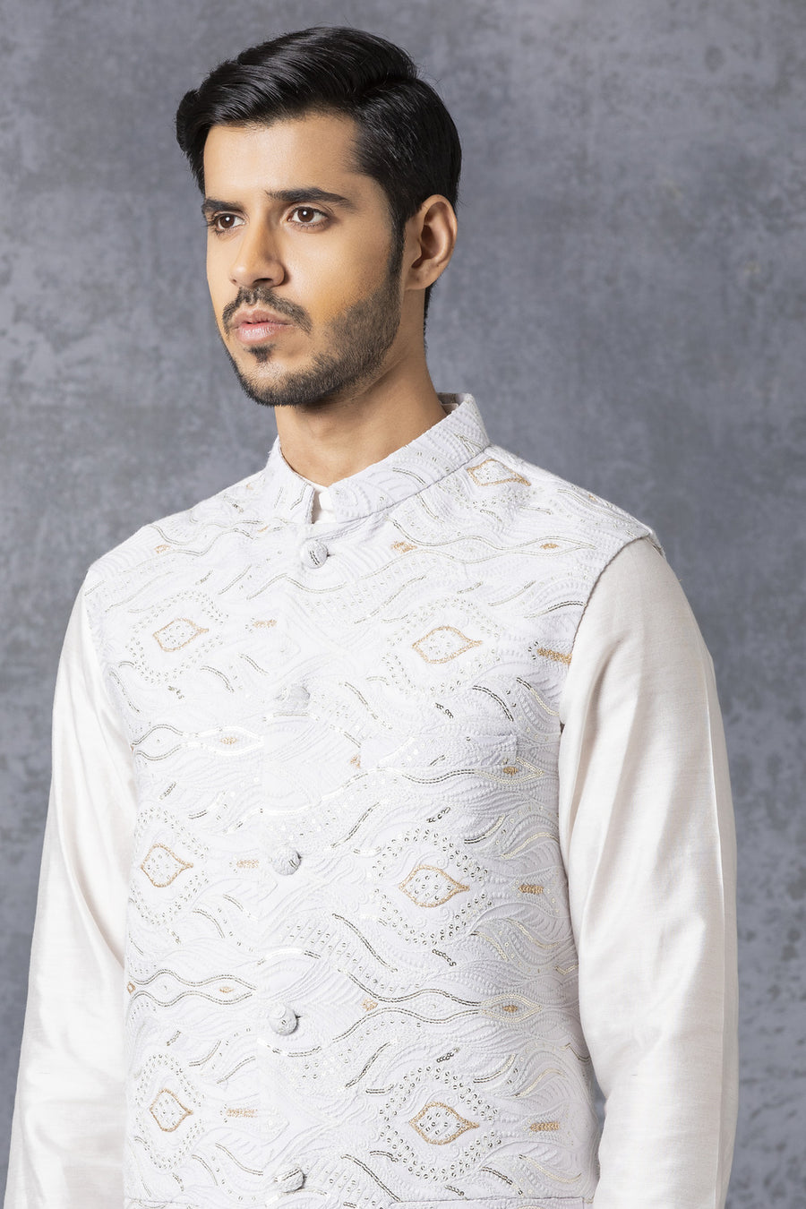 Ice Grey Lucknowi Sequence Embroidered Nehru Jacket | Bandi Edition II by AVK