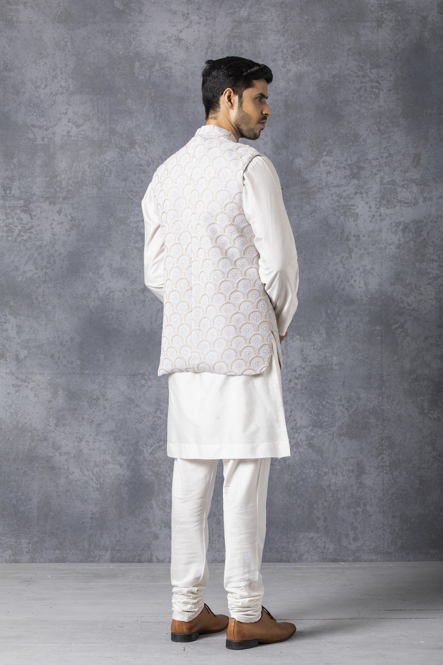Ice Grey Lucknowi Embroidered Nehru Jacket | Classic Bandi by AVK